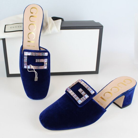 NEW Gucci Crystal Logo Velvet Mules Shoes - Office to Evening, Cocktail, Party - Picture 2 of 15